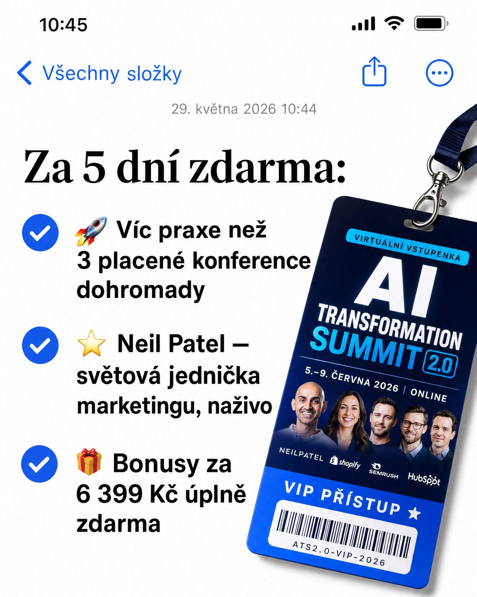 Ukázková reklama AI Summit ve stylu poznámek v telefonu.