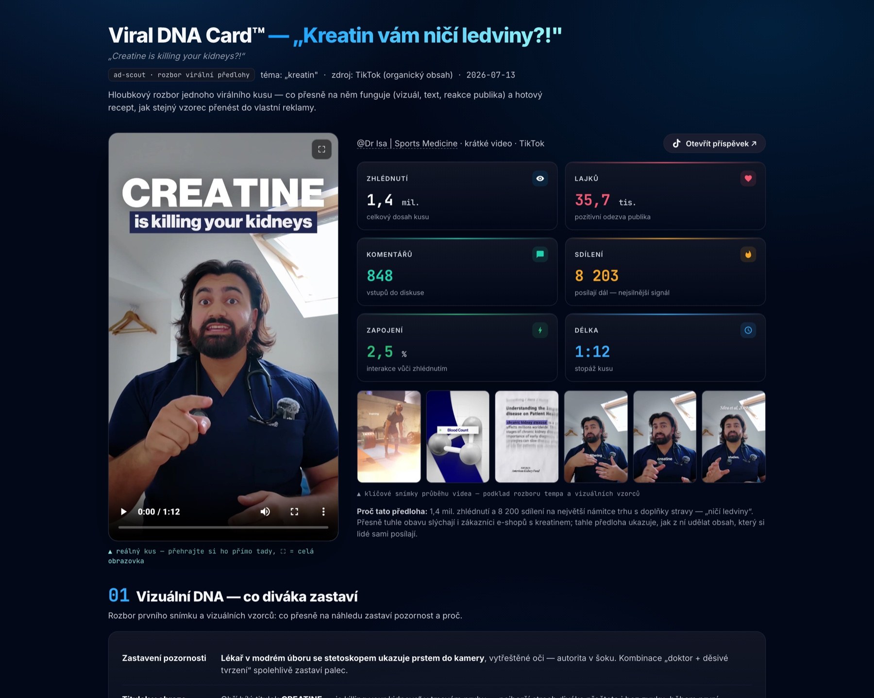 Viral DNA Card: jedna vítězná reklama rozebraná na hook, kostru, úhel a formát.