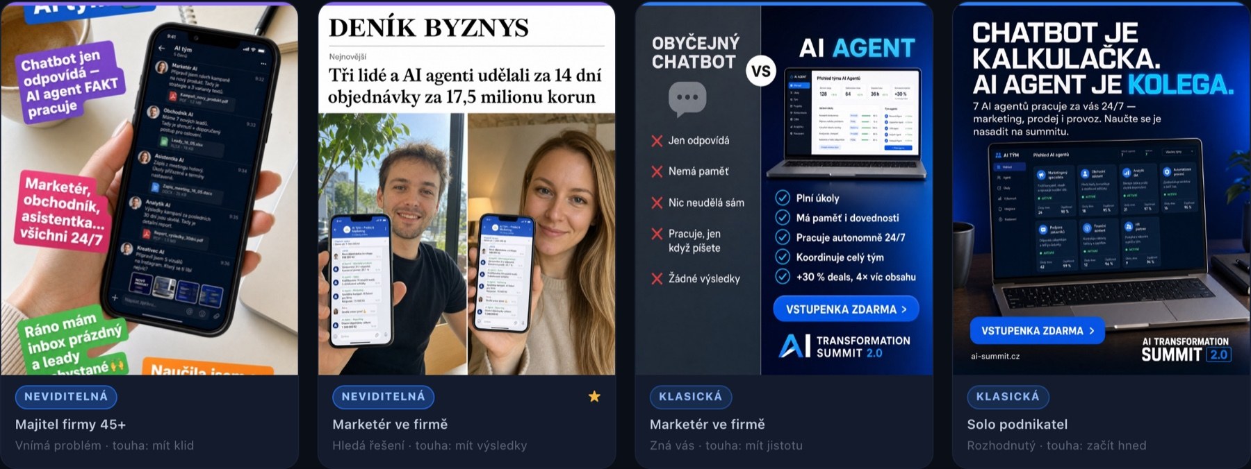 Ukázky kreativ: nativní obsah pro studený trh vedle klasické produktové reklamy.