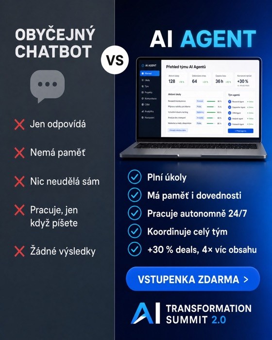 Ukázková reklama AI Summit: srovnání chatbota a AI agenta.