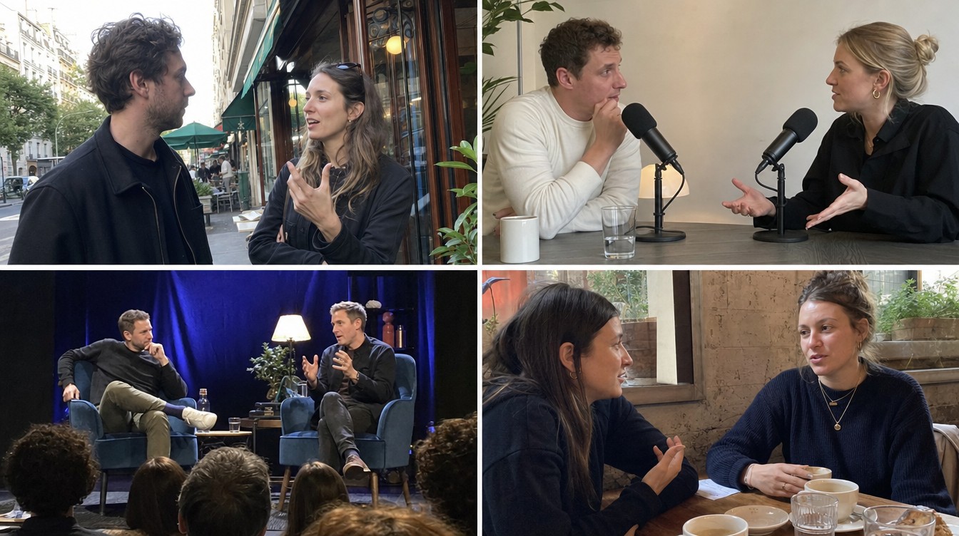 Čtyři scény neviditelné reklamy: ulice, podcast, TV studio a kavárna.
