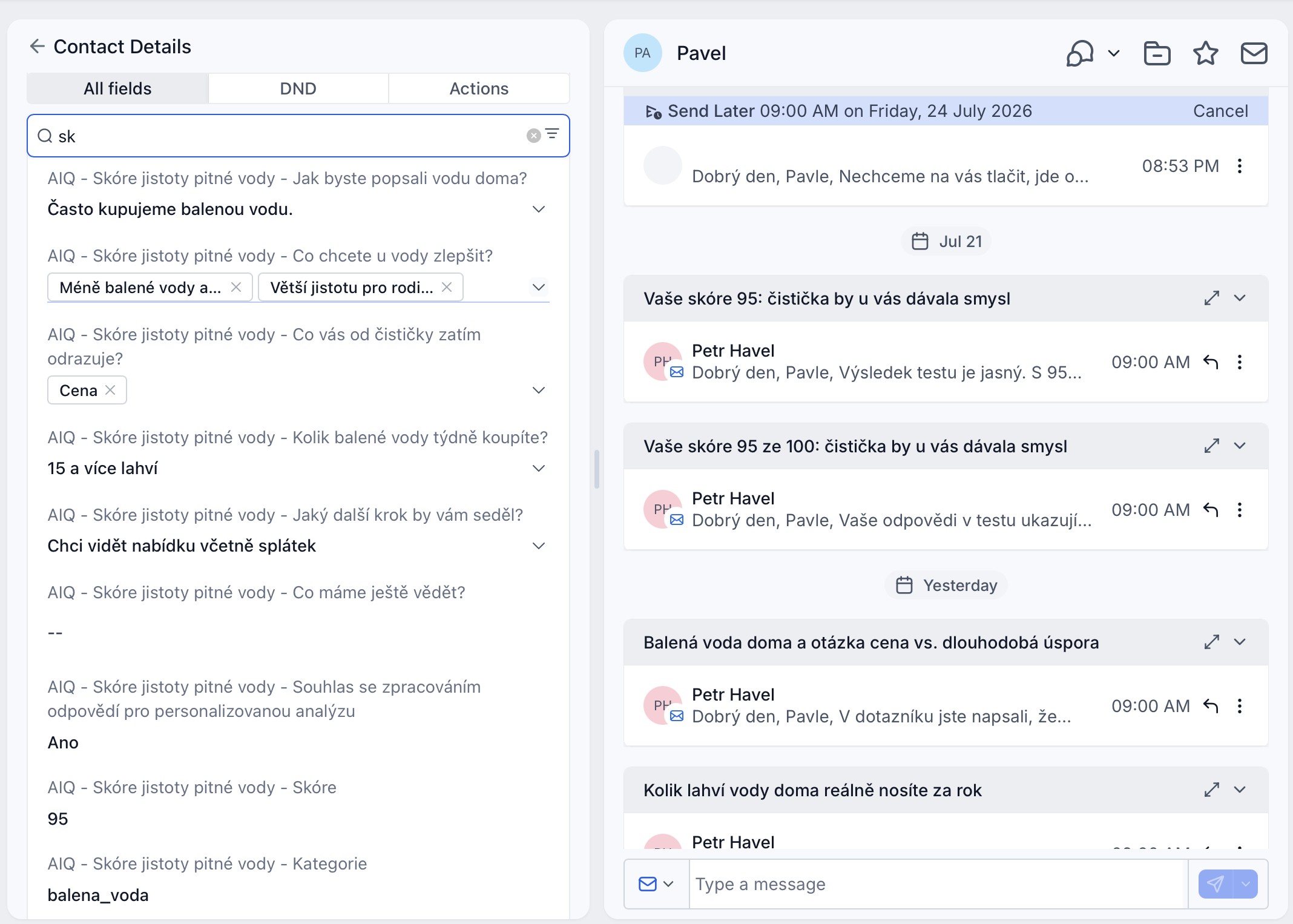 CRM: odpovědi z AIQ kvízu jako pole u kontaktu (skóre 95, kategorie) a personalizované e-maily podle výsledku.