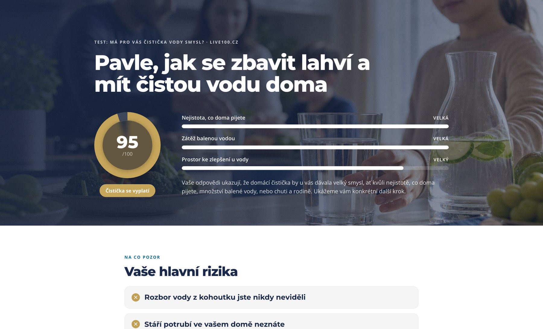 Personalizovaný výsledek se skóre a osobními riziky.