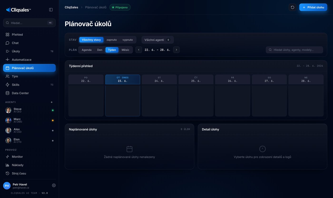 Plánovač úkolů v Command Center se čtyřmi pravidelnými úkoly: Obsah — Blog, Sociální sítě, Newsletter a ke schválení.