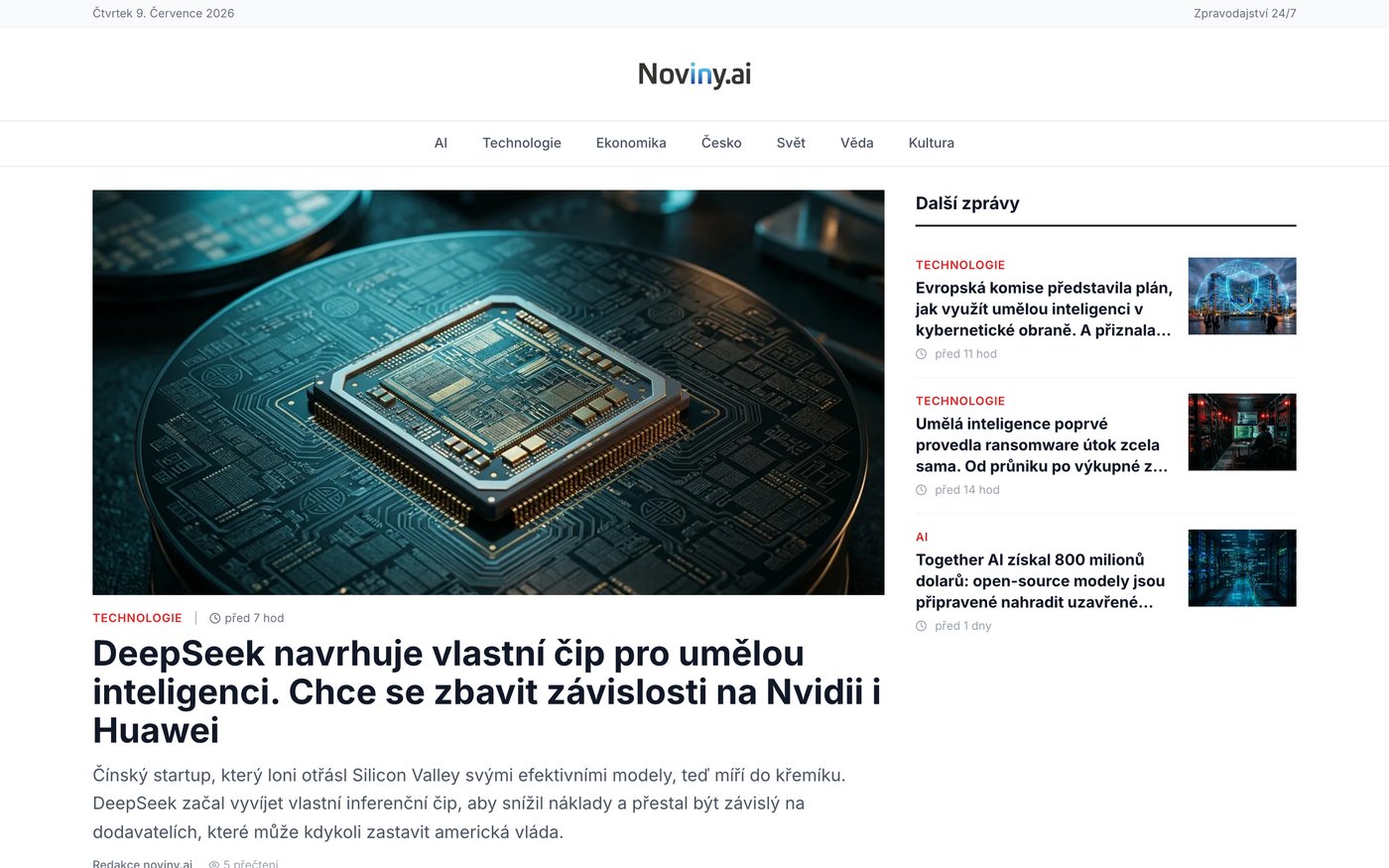 Titulní strana webu Noviny.ai — český AI zpravodajský web.